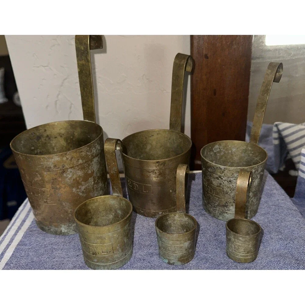 Antique French set of Brass Measuring Cups set of 6- From 1/2L to 1cl